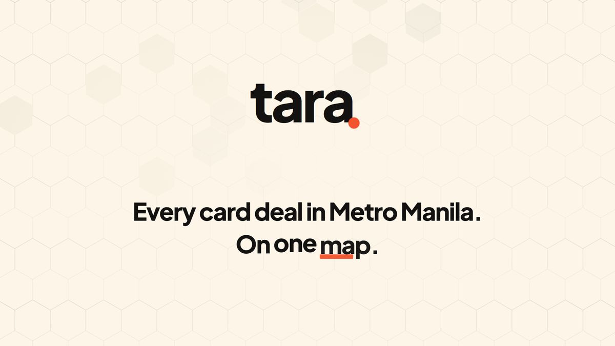 A frame from the tara film: the tara wordmark over the line Every card deal in Metro Manila. On one map.
