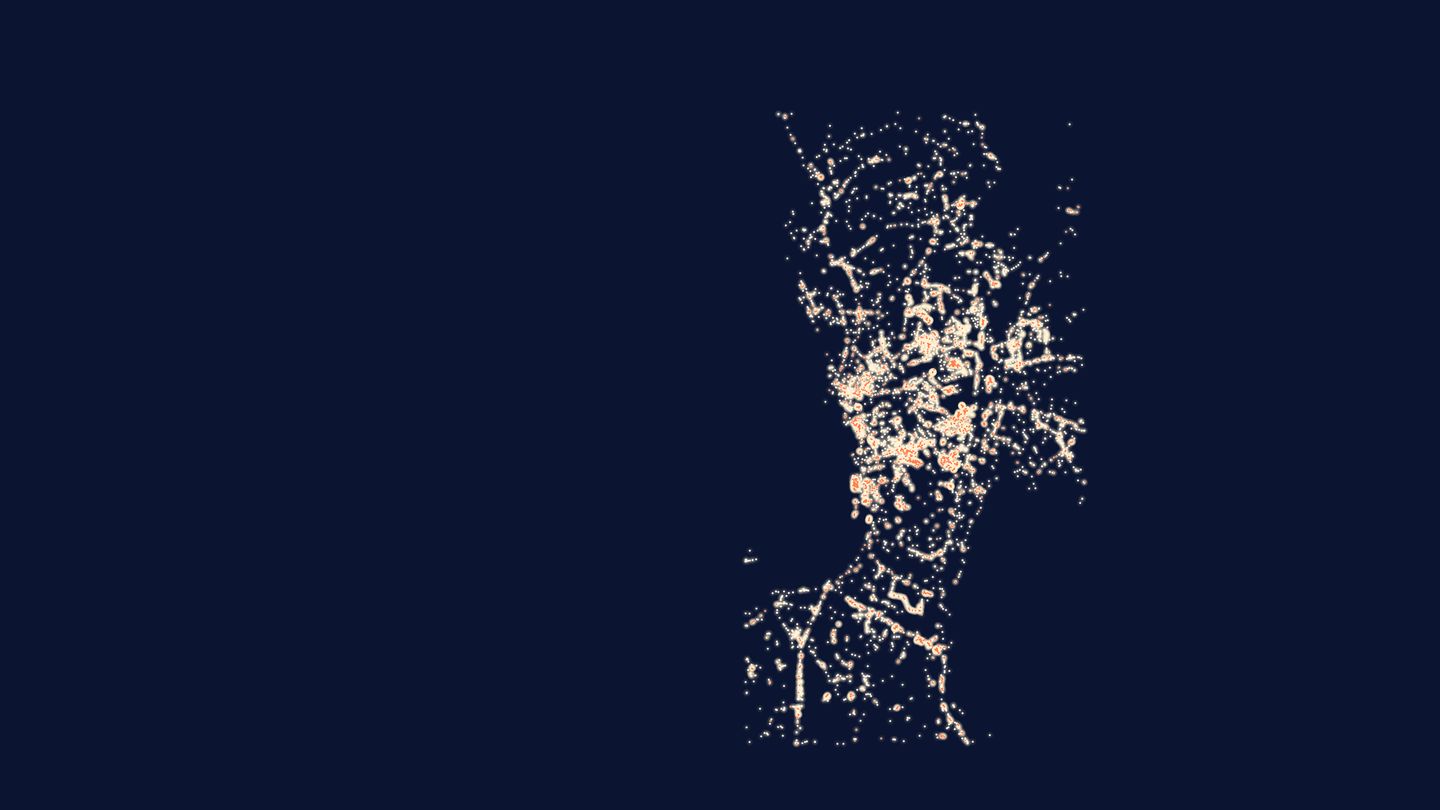 Metro Manila drawn as thousands of points of light, one per mapped venue, with the places that have a live deal shown in orange.