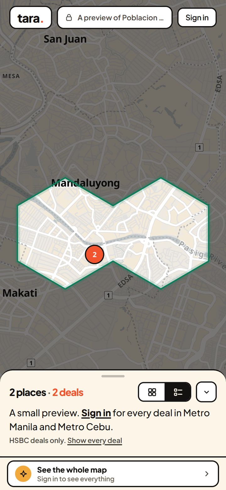 A phone screenshot of tara’s free preview of Poblacion & Rockwell: a street map with the HSBC deals there as orange pins, each showing its offer, and a panel below counting the places and deals.