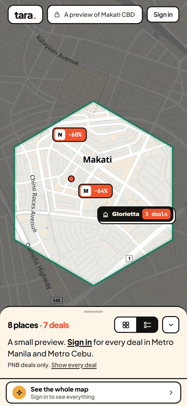 A phone screenshot of tara’s free preview of Makati CBD: a street map with the PNB deals there as orange pins, each showing its offer, and a panel below counting the places and deals.